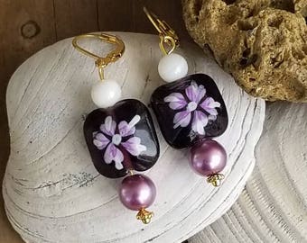 Purple Floral Lever Back Earrings