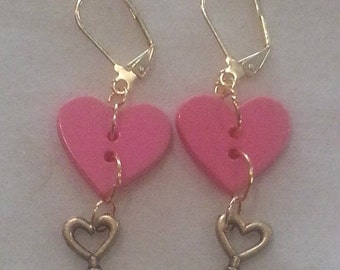 Pink heart and key button earrings