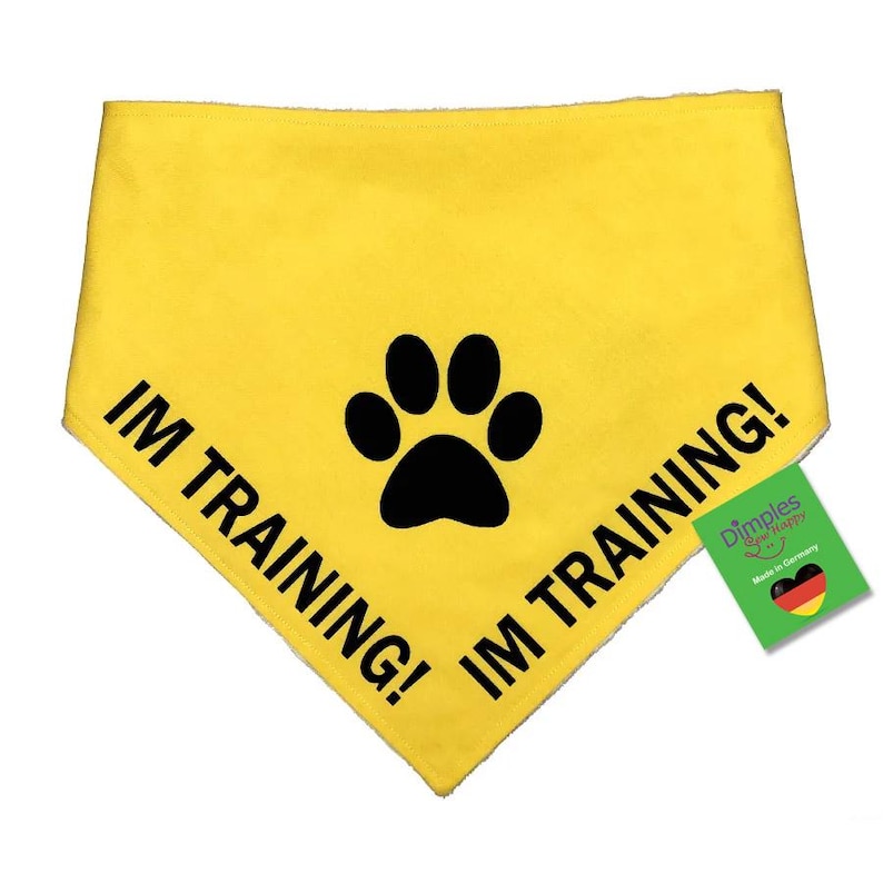 May include: Yellow dog bandana with a black paw print and the text "IM TRAINING!" in black. A green tag with the text "Dimples & Happy" and a German flag is attached.