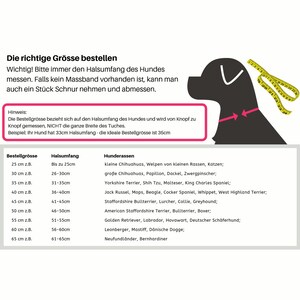 May include: An informational graphic with text in German, showing how to measure a dog's neck for a collar. Includes a size chart in centimeters and a list of dog breeds. A dog silhouette and measuring tape are also shown.