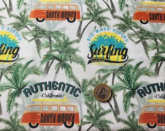 Surfing Palmen Camper Baumwollstoff - 100% Baumwolle Meterware - Camping VW Bus Stoff