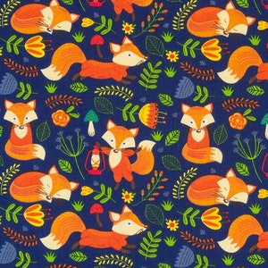 Fox in the Garden on Navy Polycotton Fabric (Per Metre) by Simply Sew Crafty