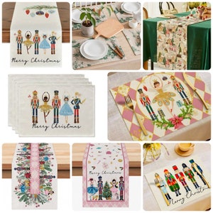 May include: A set of six table runners featuring a Nutcracker theme. The runners are made of a natural linen fabric and have a pink and white color scheme. The runners feature a variety of Nutcracker designs, including a ballerina, a soldier, and a mouse. The runners also feature the text "Merry Christmas".