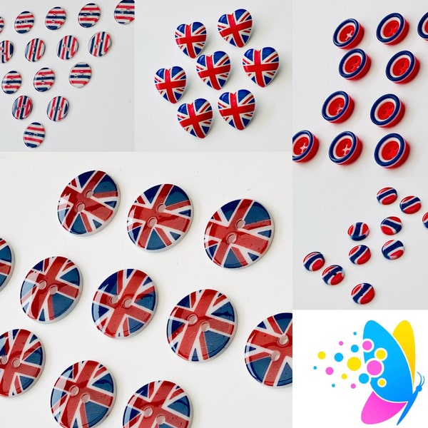 Boutons Coronation Union Jack - Différents designs, tailles et pack Qté - Simply Sew Crafty™