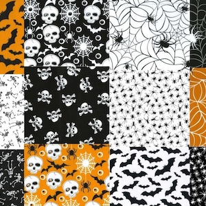 Spooky Halloween Skulls Skeletons Spiders Webs Crossbones Bats - 100% Polycotton Fabric - Sold by Metre - Simply Sew Crafty™