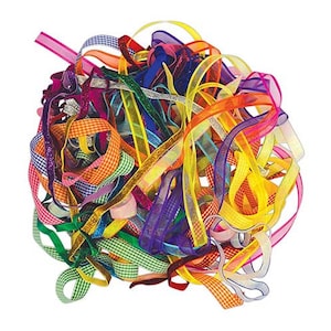 May include: A large pile of colourful ribbon in various widths and textures, including plaid, glitter, and sheer.