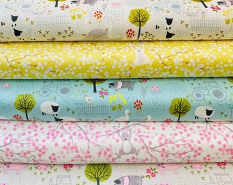 May include: Five different fabric swatches with a farm animal and nature theme. The fabrics are in a variety of colours, including white, yellow, blue, pink, and green. The fabrics feature images of rabbits, pigs, tractors, and trees.