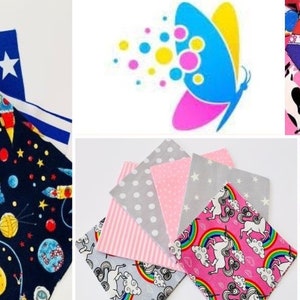 May include: A selection of fabric squares featuring diverse patterns. Designs include stars, stripes, planets, rockets, unicorns, rainbows, polka dots, and vehicles. Colours include red, white, blue, grey, pink, and navy.