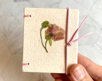 Handmade Mini Journal with Pressed Flower Cover. Tiny Mixed Media Art Journal. Ltd Edition Pink Travel Pocket Junck Journal w/ Closure Clip