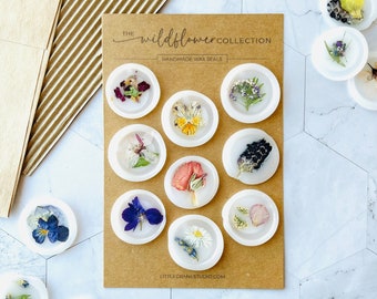 Pressed Flower Vellum Wax Seal Collection. Set of 9 Wildflower Adhesive Wax Seal Stickers for Cards & Invitations. Ready to Ship