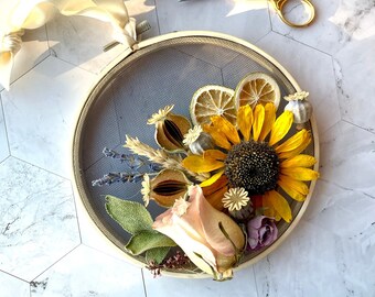 Floral Embroidery Hoop Dried Flower Wall Hanging for Boho Style. Unique Housewarming Gift for Her. Botanical Gift for Gardner