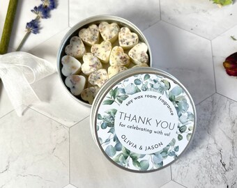 Personalized Wax Melt Wedding Favor Tins. 16 Scented Heart Soy Wax Melts for Warmers. Cute and Unique Guest Thank You Favors.