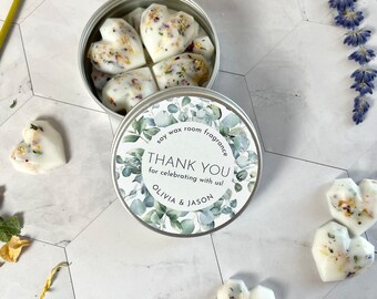 Personalized Wax Melt Wedding Favor Tins. 8 Scented Geometric Heart Soy Wax Melts for Warmers. Cute and Unique Guest Thank You Favors.