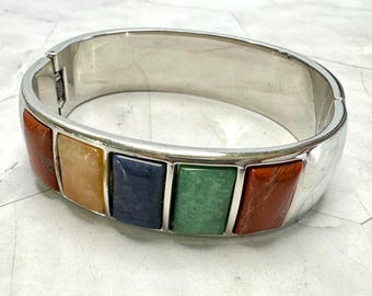 Vintage Semi Precious Silver Tone Clamper Bracelet 5 Quartz Gemstones Size 6"
