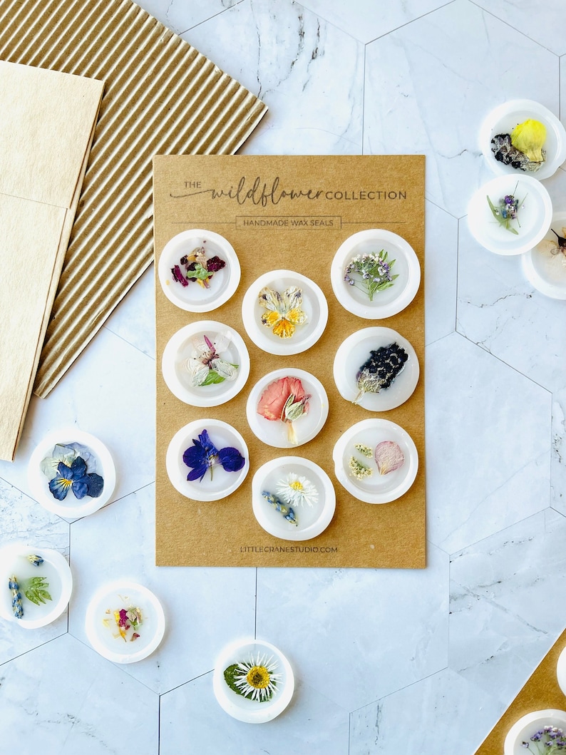 Pressed Flower Vellum Wax Seal Collection. Set of 9 Wildflower Adhesive Wax Seal Stickers for Cards & Invitations. Ready to Ship image 1