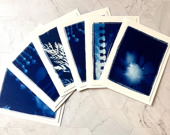 Handmade Cyanotype Print A2 Note Cards. Set of 6 Sun Printed Indigo Blue Blank Stationery Cards with Vellum Envelopes for Thank Yous.