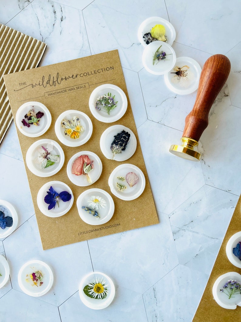 Pressed Flower Vellum Wax Seal Collection. Set of 9 Wildflower Adhesive Wax Seal Stickers for Cards & Invitations. Ready to Ship image 4