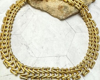 Vintage Gold Tone V Link Basket Weave Collar Choker Necklace 18in Retro Classic