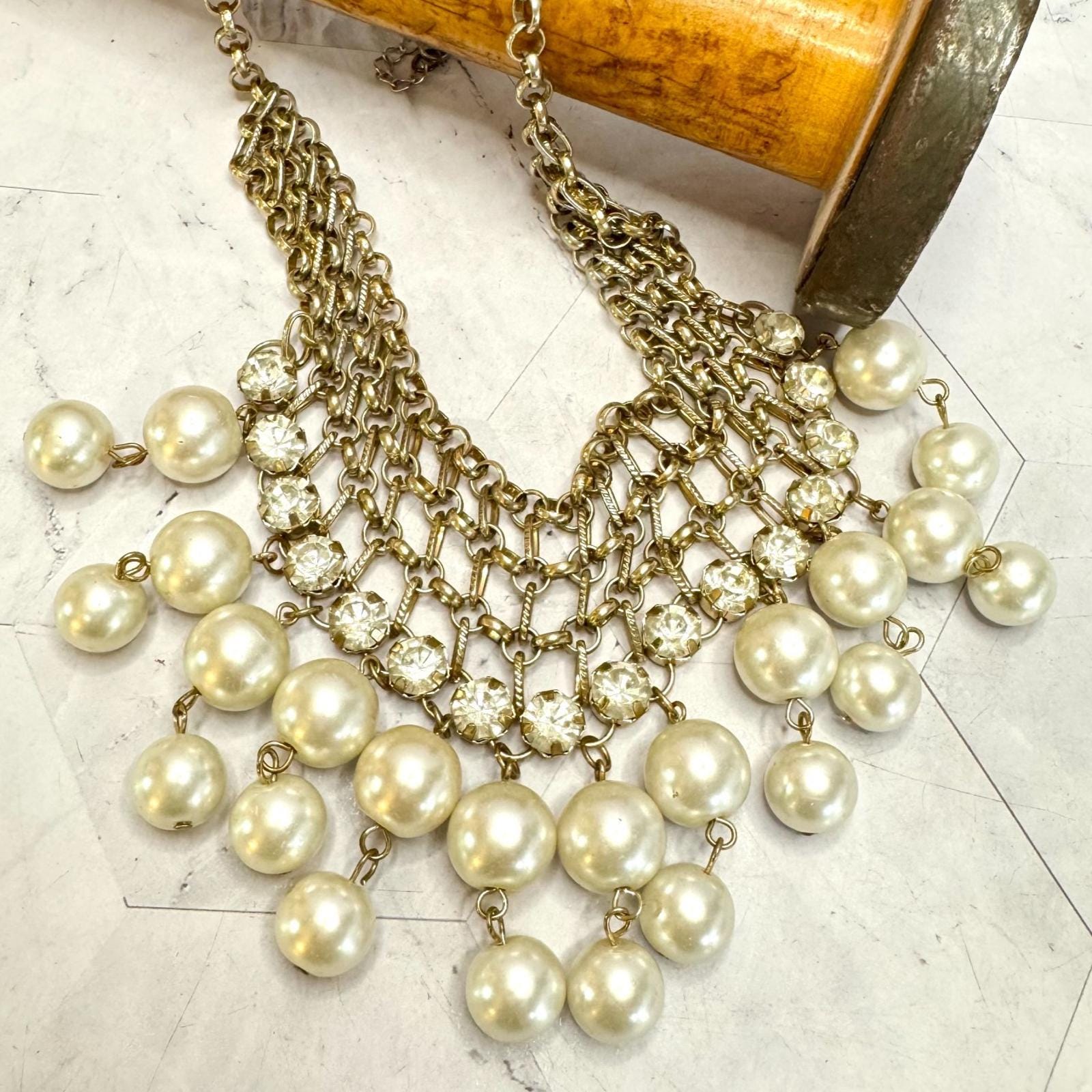 Vintage Faux Pearl Rhinestone Bib Necklace Gold Tone