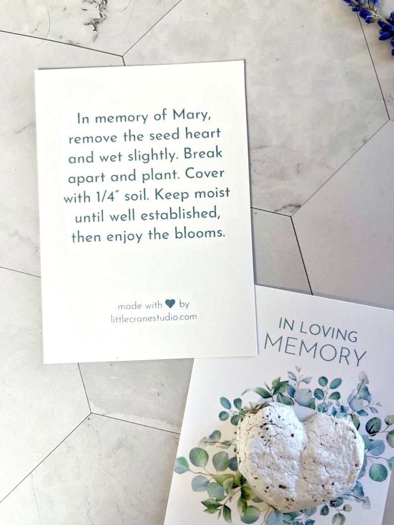 Funeral Keepsake Seed Bomb Cards. Eco-Friendly & Personalized Plantable Heart Cards. Recycled Paper Flower Seeds. Celebration of Life Favors afbeelding 4