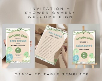 Paquete de decoración de baby shower de dinosaurios, invitación para eclosionar pronto, letrero de bienvenida de Dino Baby, conjunto de juegos de ducha, plantilla de descarga instantánea editable de Canva