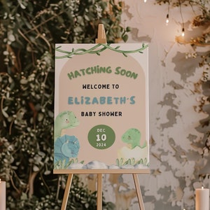 Dinosaur Hatching Soon Baby Shower Welcome Sign Template,Boho Dinosaur Baby Shower,Canva Instant Download Editable Template