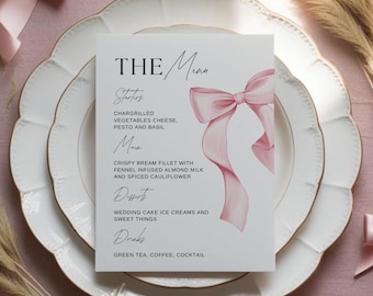 Editable Pink Ribbon Bow Menu Template,Wedding/Bridal Shower Menu,Printable Digital Template,Instant Download Minimal Menu (5x7 and 8x10 in)