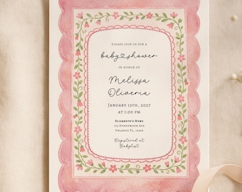 May include: A baby shower invitation with a pink scalloped border and floral accents. The invitation includes the text "baby shower" and details for Melissa Oliveria's baby shower. The words "Editable in Canva" are in the top right corner.