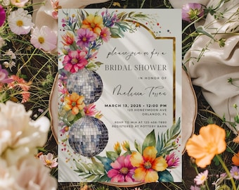 Bright Floral Disco Bridal Shower Invitation,Exotic Floral Disco Bridal Shower Invite,Pink Disco Birthday,Bachelorette,Editable Template