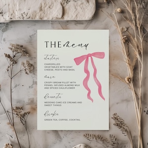 Editable Pink Ribbon Bow Menu Template,Wedding/Bridal Shower Menu,Birthday Menu,Printable,Minimal Elegant Coquette Menu Instant Download