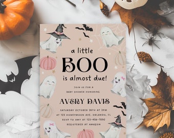 Bearbeitbare Little Boo-Babyparty-Einladung Little Boo ist fast aufgrund rosa Geistermädchen-Kürbis-Halloween-Babyparty-Einladung Digitaler Download