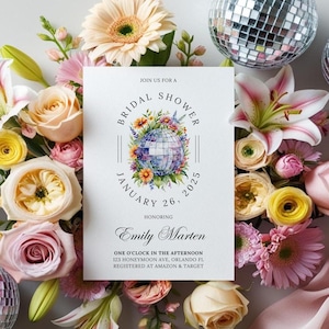 Editable Wildflower Disco Bridal Shower Invitation,Floral Disco Bridal Shower Invite,Minimal Disco Birthday,Bach,Bridal Printable Template