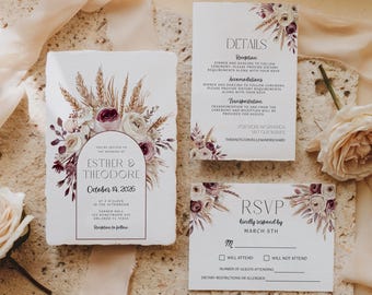 Fall Floral Wedding Invitation Suite: Boho Pressed Flowers (Canva Template, Digital Download