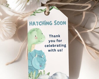 May include: A green dinosaur with a blue dinosaur egg is on a tag that says "Hatching Soon" and "Thank you for celebrating with us!"