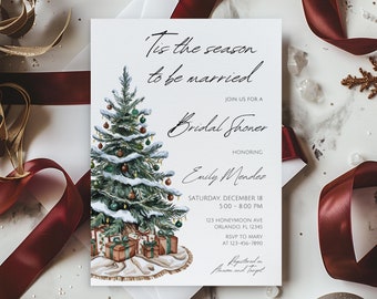 May include: A white invitation card with a watercolor illustration of a Christmas tree decorated with ornaments and presents. The text on the card reads "Tis the season to be married" and "Bridal Shower honoring Emily Mendes". The invitation includes the date, time, location, and RSVP information.