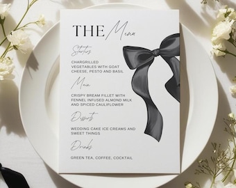Black Ribbon Bow Menu Template,Wedding/Bridal Shower Menu, Printable, Digital Template,Instant Download, Black Bow Menu (5x7 and 8x10 in)