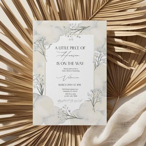 Modello di invito per baby shower Little Piece of Heaven, invito per baby shower Neutral Cloud, modificabile su invito stampabile Cloud 9