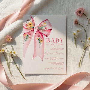 Wildflower Pink Bow Baby Shower Invitation Editable Template,Baby In Bloom,Floral Bow,Coquette Invite,Instant Download,Printable Template