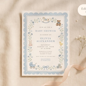 May include: Baby shower invitation with a light blue scalloped border and floral accents. The invitation features illustrations of a rocking horse, teddy bear, bunny, duck, and baby carriage. Text reads "Join us for a Baby Shower" and event details.