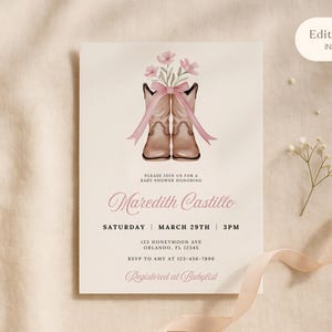 Cowgirl Baby Shower Invitation,Pink Western Boots & Bow,Little Cowgirl Theme, Coquette Cowgirl Editable Canva Template,Printable Girl Invite