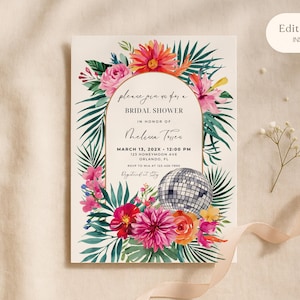 Bright Floral Disco Bridal Shower Invitation,Spring Summer Daisy Floral Disco Bridal Shower Invite,Hot Pink Bridal Party,Editable Template