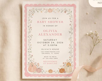Inbjudan till babyshower med rosa pumpa, redigerbar Canvas-mall, utskrivbar babyshower för höstflicka, direktnedladdning av blush pumpa