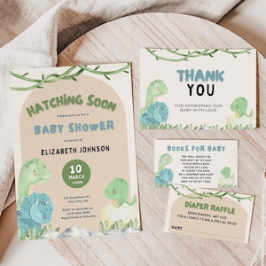 Editable Dinosaur Baby Shower Invitation Bundle,Hatching Soon Baby Shower,Book Request Set,Diaper Raffle,Instant Download,Printable Template