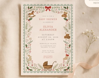 May include: A rectangular baby shower invitation card featuring a decorative border of green leaves, red berries, and small toys including a rocking horse, teddy bear, blocks, and a carriage. The text reads: Join us for a baby shower in honor of Olivia Alexander, Saturday August 24, 2028 at 3:00 PM, Borcelle Place, 123 Honeymoon Ave, Orlando, FL 12345, RSVP to Beth at 123-456-7890, Registered at Babylist.