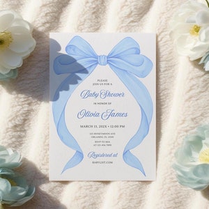 Blue Bow Baby Shower Invitation Template: Coquette Design (Digital Download)