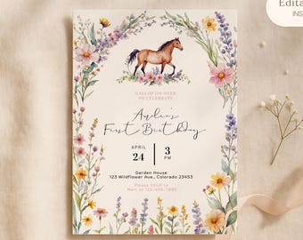 Pferde-Geburtstagseinladungsvorlage, bearbeitbares Gallop on Over Girl 1. Geburtstagseinladung, Wildblumenreiten, Cowgirl-Einladungs-Download