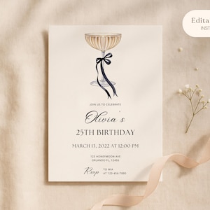 Champagne Coupe Birthday Invitation: Black Bow, Minimalist Party Invite (Digital Download, Canva Template)