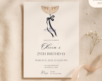 Champagne Coupe Birthday Invitation: Black Bow, Minimalist Party Invite (Digital Download, Canva Template)