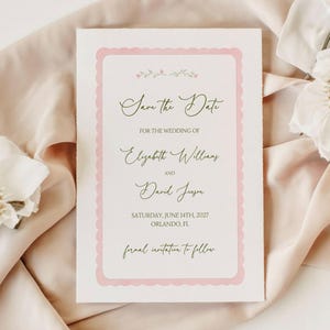 Pink Scalloped Floral Save the Date Template, Garden Vine Crest, Editable Canva, Romantic Cottagecore, Printable Wedding Announcement