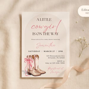 A Little Cowgirl Baby Shower Invitation,Pink Western Boots and Bow,Country Rustic Theme Editable Canva Template,Printable Girl Invite,Evite